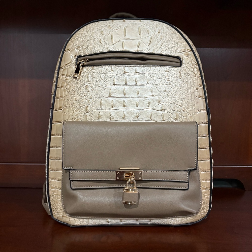 New Fabrizio Italia Leather Backpack Camel Croc Embossed Lock Minimalist Chic